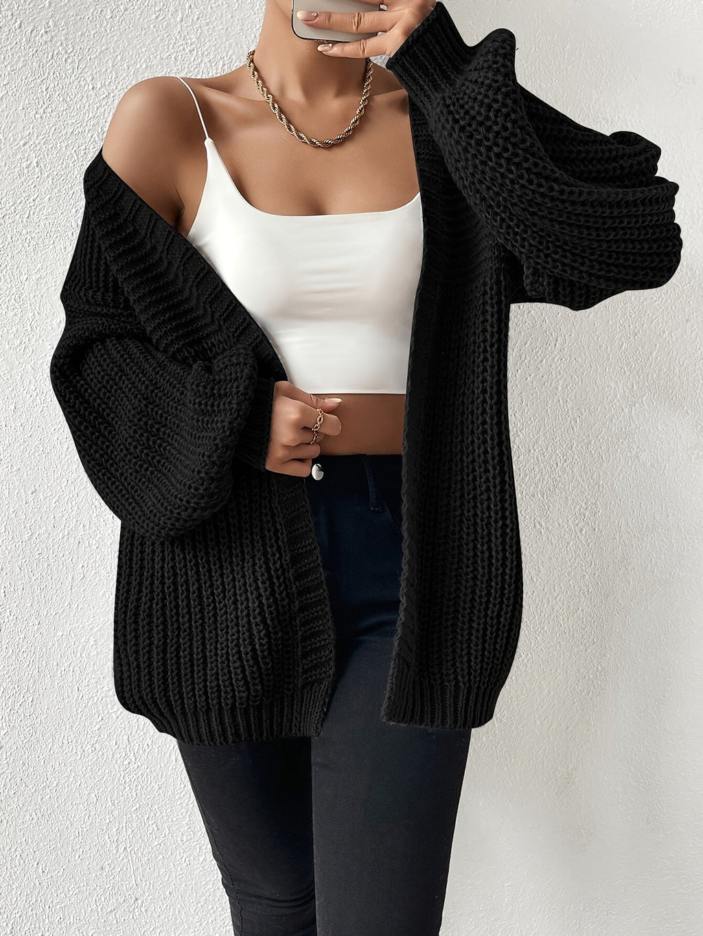 Chunky Knit Cardigan Black Open Front Women's – Casual, Office, Holiday, Layering Everyday Wear