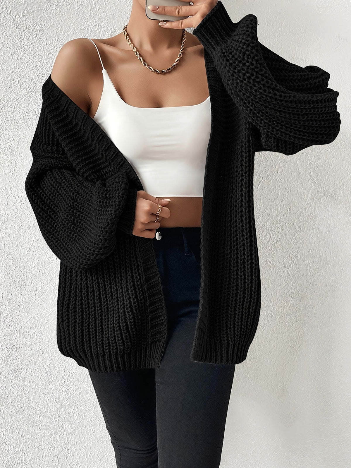 Chunky Knit Cardigan Black Open Front Women's – Casual, Office, Holiday, Layering Everyday Wear