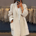 Chunky Knit Cardigan Women's Beige Open Front with Pockets – Casual, Office, Holiday, Gift