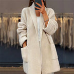 Chunky Knit Cardigan Women's Beige Open Front with Pockets – Casual, Office, Holiday, Gift