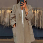 Chunky Knit Cardigan Women's Beige Open Front with Pockets – Casual, Office, Holiday, Gift