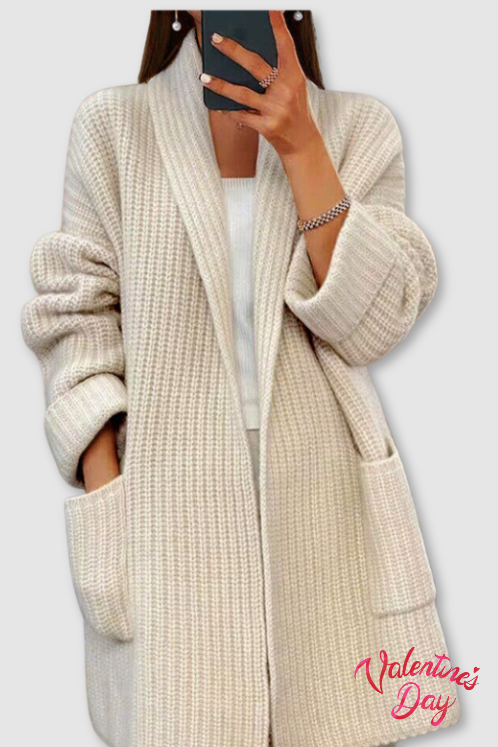 Chunky Knit Cardigan Women's Beige Open Front with Pockets – Casual, Office, Holiday, Gift