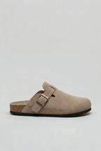 Clog Mules Suede Beige Men's Cork Footbed Buckle Slip-On – Casual, Everyday Comfort