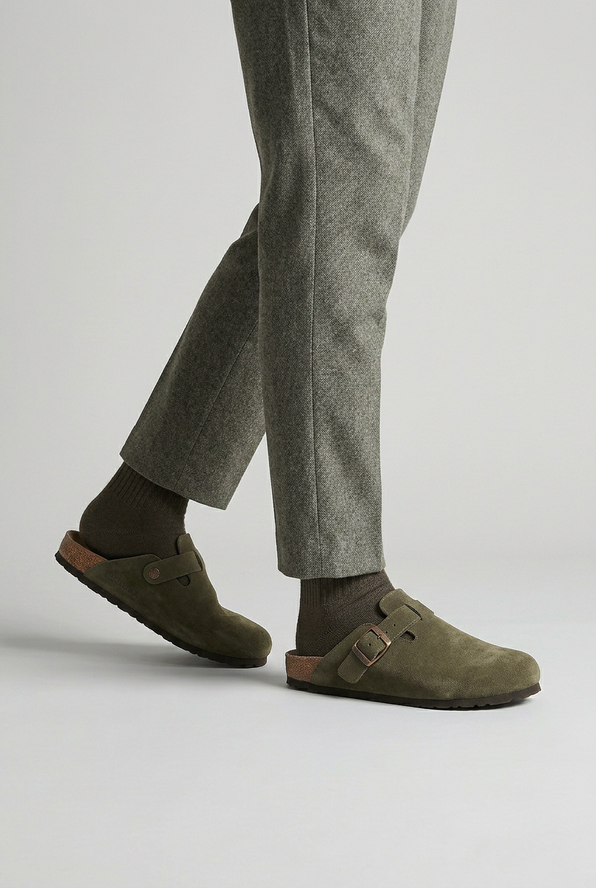 Clog Mules Suede Khaki Green Men's Buckle Slip-On Cork Footbed – Casual, Everyday Comfort