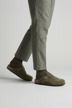 Clog Mules Suede Khaki Green Men's Buckle Slip-On Cork Footbed – Casual, Everyday Comfort