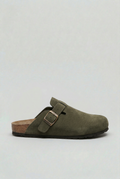 Clog Mules Suede Khaki Green Men's Buckle Slip-On Cork Footbed – Casual, Everyday Comfort