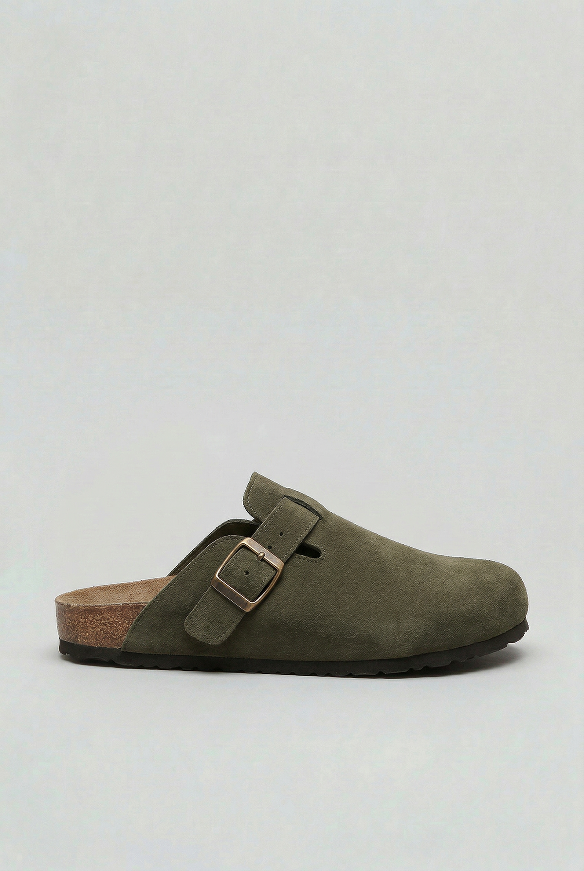 Clog Mules Suede Khaki Green Men's Buckle Slip-On Cork Footbed – Casual, Everyday Comfort