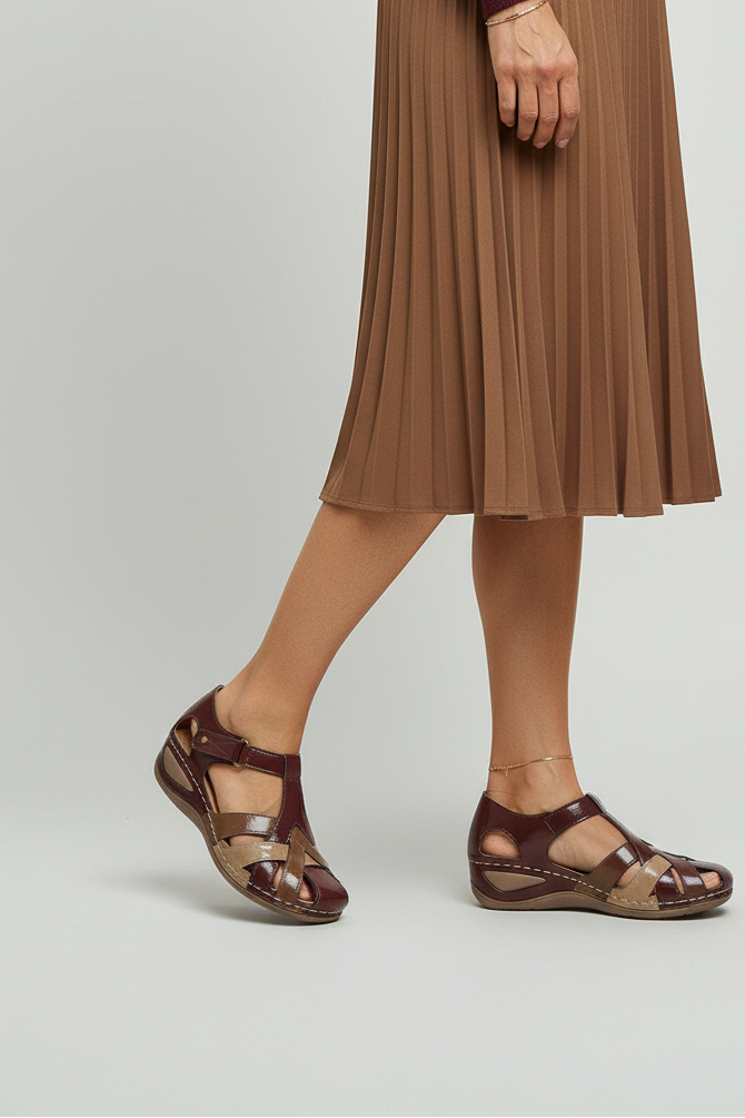 Closed Toe Sandals Burgundy Tan Leather Women's T-Bar Wedge – Casual, Comfort Everyday Walking
