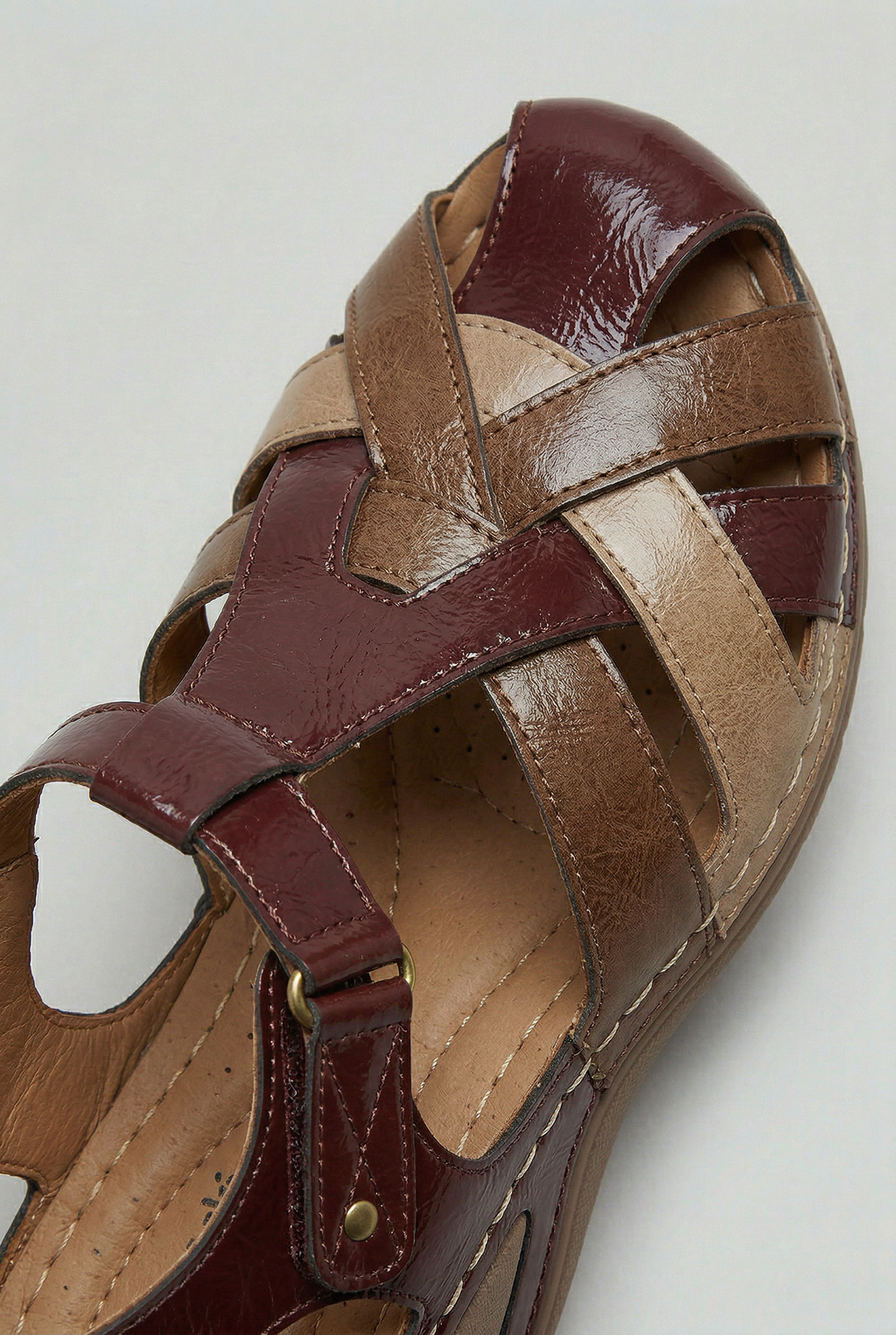 Closed Toe Sandals Burgundy Tan Leather Women's T-Bar Wedge – Casual, Comfort Everyday Walking