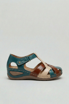 Closed Toe Sandals Burgundy Tan Leather Women's T-Bar Wedge – Casual, Comfort Everyday Walking
