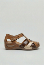 Closed Toe Sandals Burgundy Tan Leather Women's T-Bar Wedge – Casual, Comfort Everyday Walking
