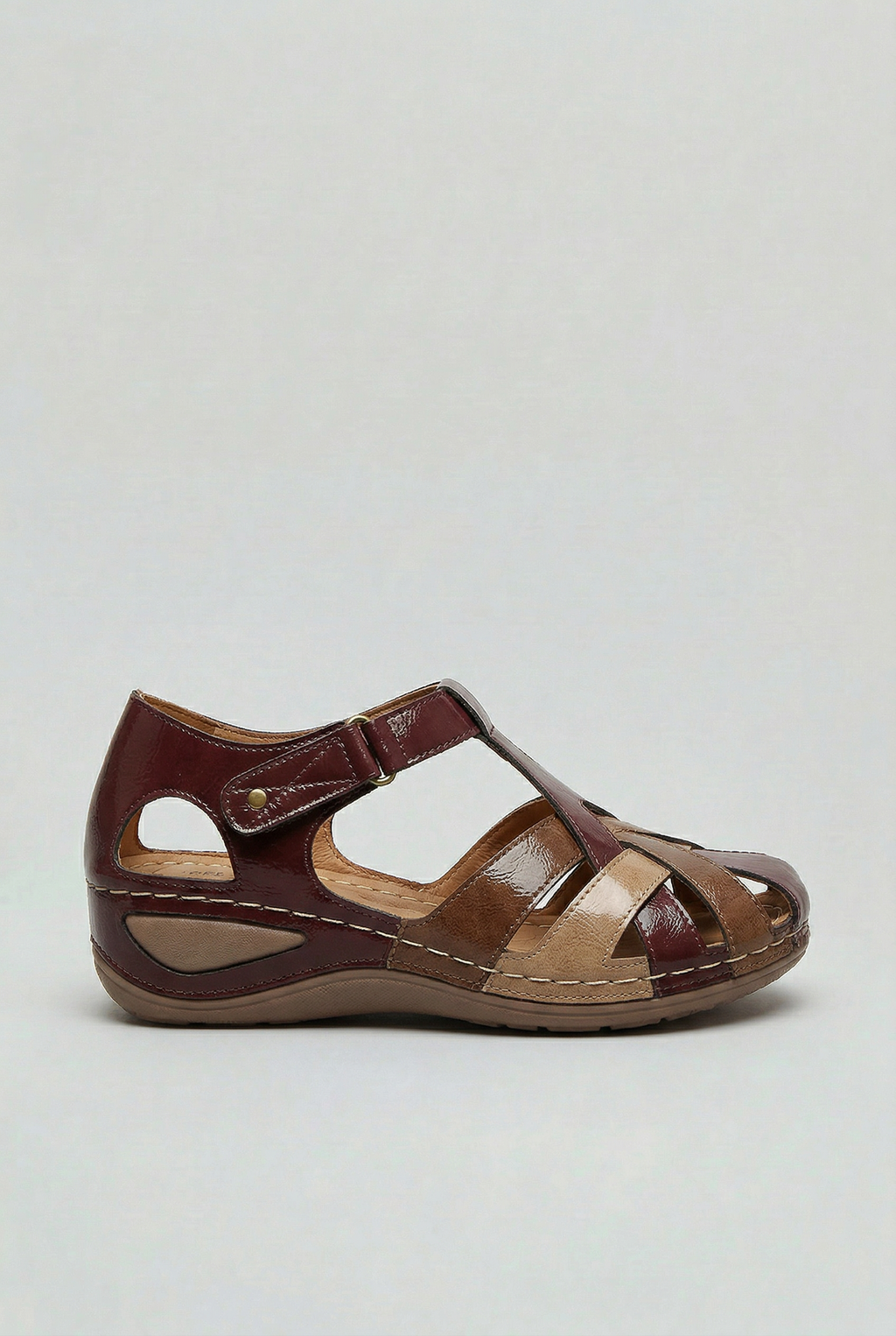 Closed Toe Sandals Burgundy Tan Leather Women's T-Bar Wedge – Casual, Comfort Everyday Walking