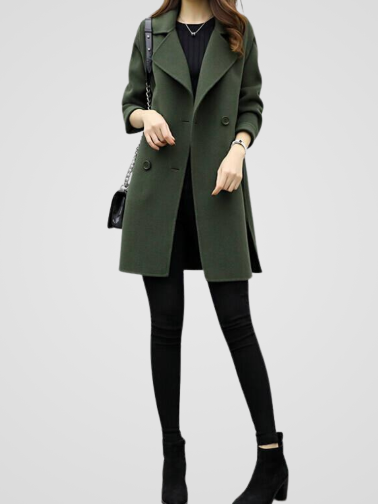 Coat Longline Double-Breasted Green Women's – Office, Casual, Winter Layering, Gift