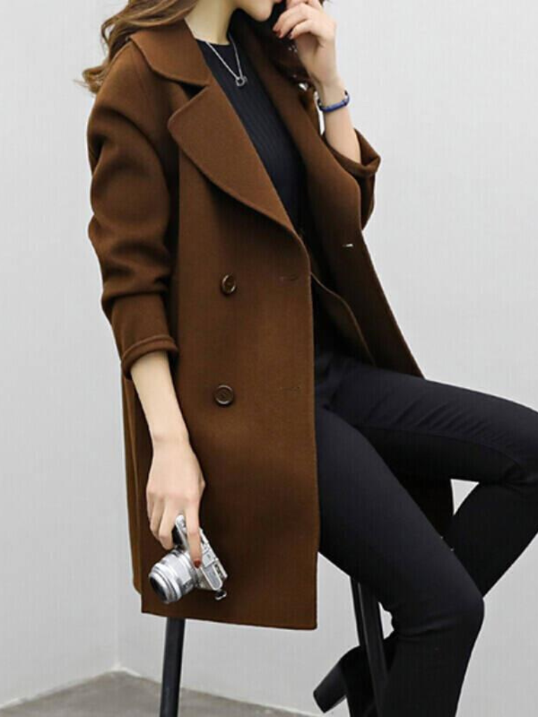 Coat Longline Double-Breasted Green Women's – Office, Casual, Winter Layering, Gift