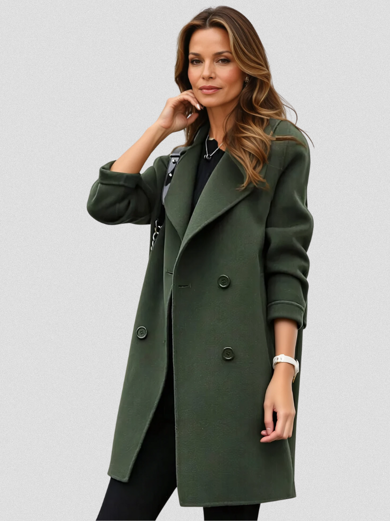 Coat Longline Double-Breasted Green Women's – Office, Casual, Winter Layering, Gift
