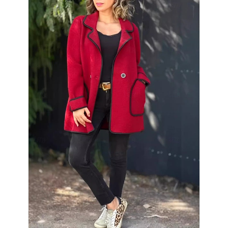 Coat Women's Green Lapel Contrast-Trim Loose Jacket – Casual, Office, Autumn Winter Outerwear