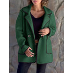 Coat Women's Green Lapel Contrast-Trim Loose Jacket – Casual, Office, Autumn Winter Outerwear