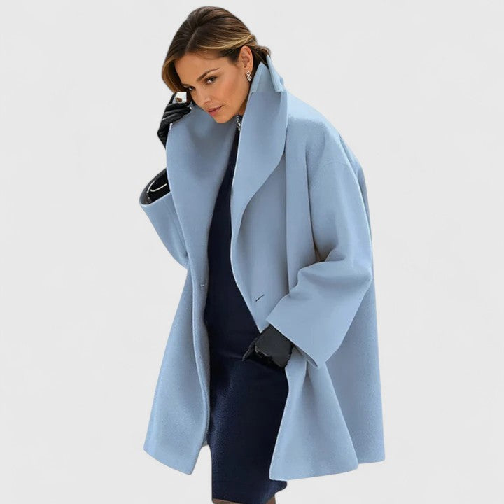 Coat Women's Light Blue Shawl Collar Mid-Length Elegant Overcoat – Office, Casual Winter Outerwear