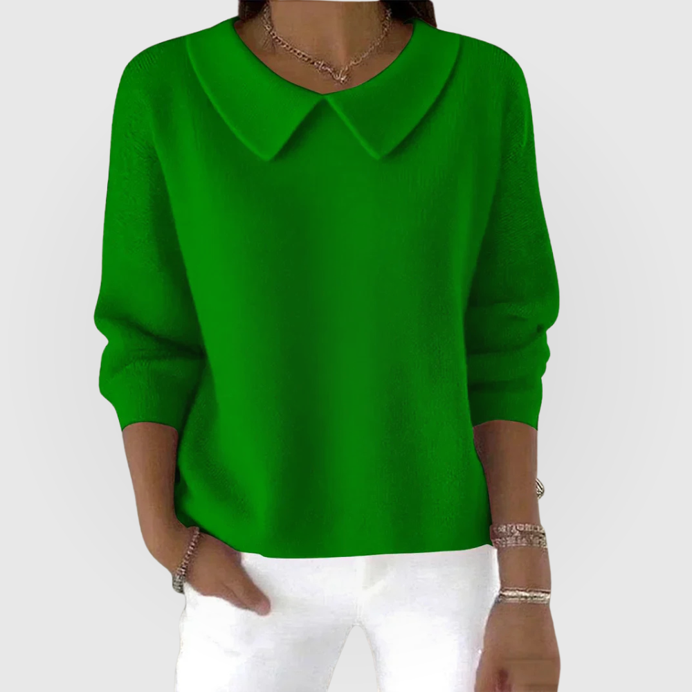 Collared Knit Jumper Green Women's Long Sleeve Pullover – Casual, Office · Werune
