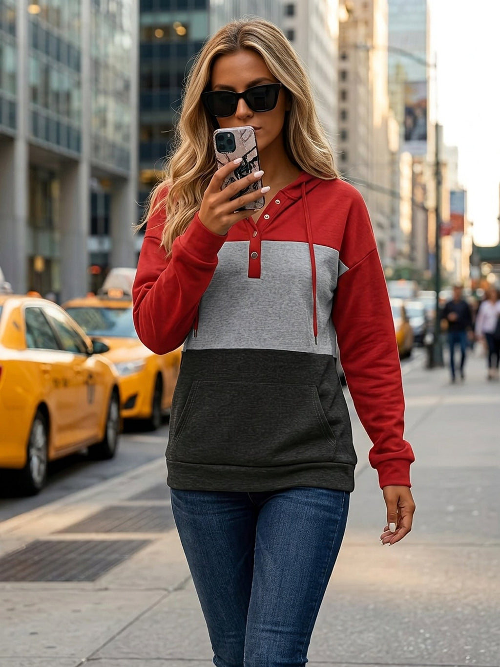 Colour Block Hoodie Women's Button-Neck Drawstring Sweatshirt with Pocket – Casual, Everyday Wear