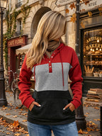 Colour Block Hoodie Women's Button-Neck Drawstring Sweatshirt with Pocket – Casual, Everyday Wear