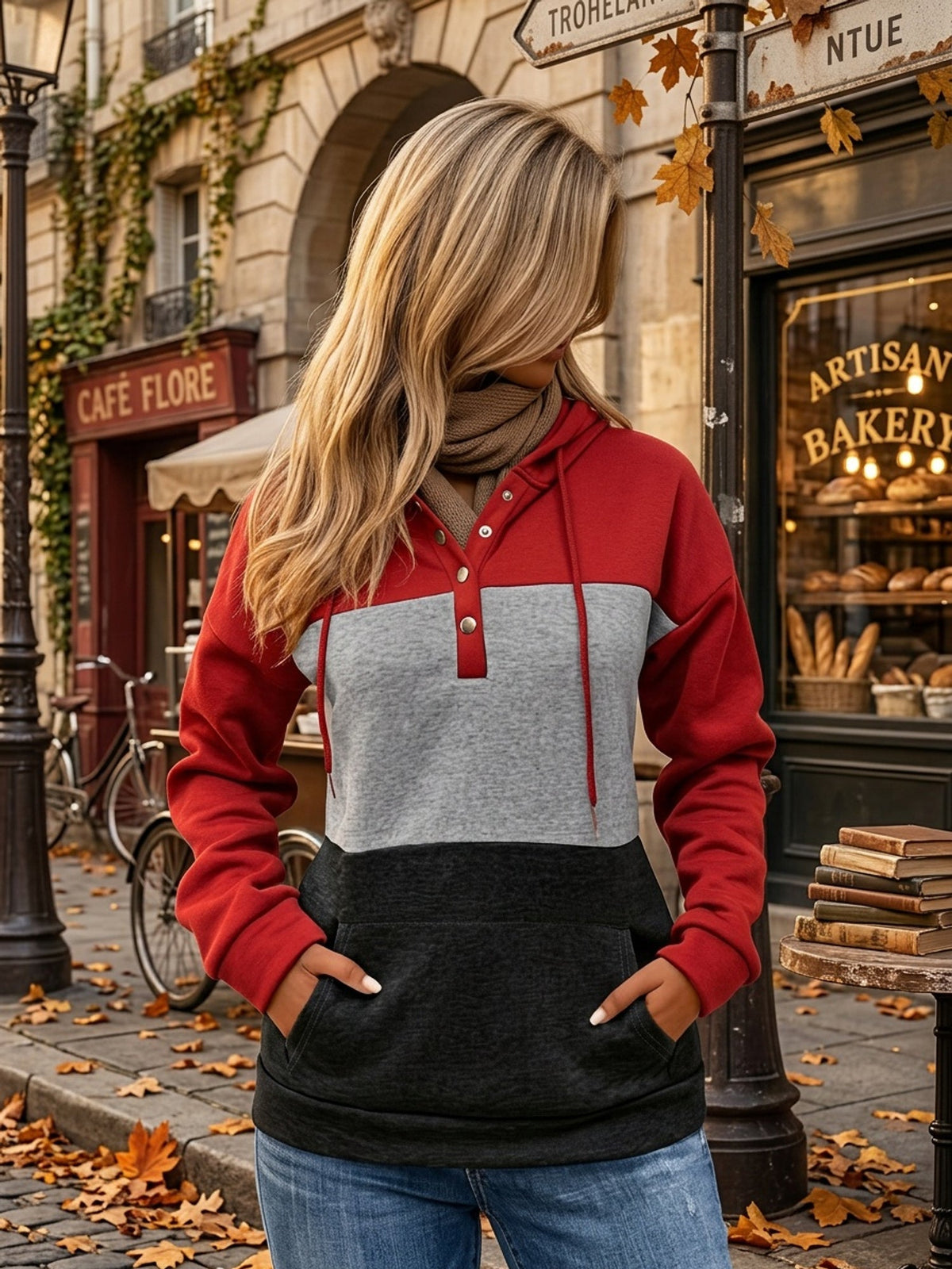 Colour Block Hoodie Women's Button-Neck Drawstring Sweatshirt with Pocket – Casual, Everyday Wear