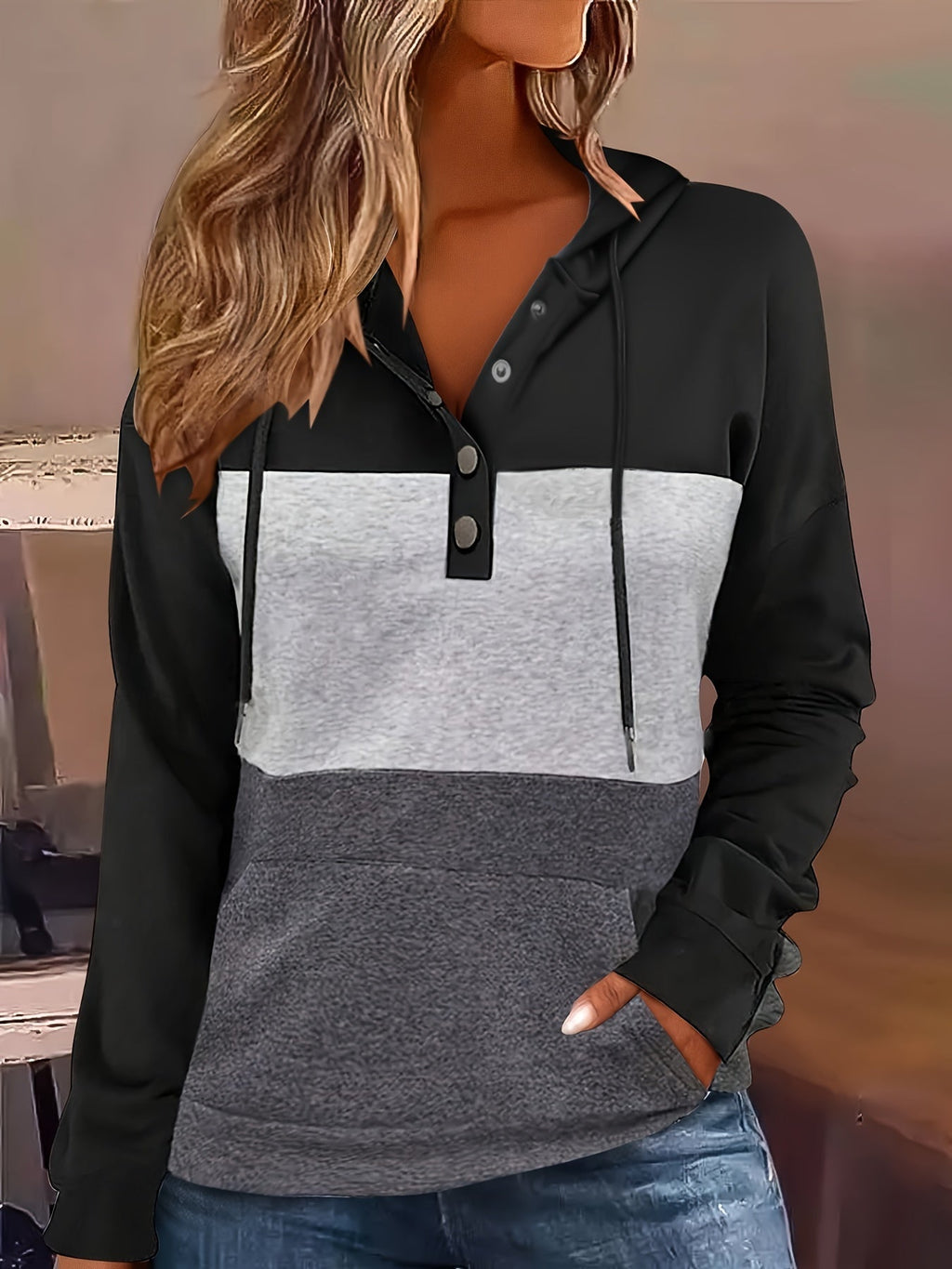 Colour Block Hoodie Women's Button-Neck Drawstring Sweatshirt with Pocket – Casual, Everyday Wear
