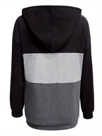 Colour Block Hoodie Women's Button-Neck Drawstring Sweatshirt with Pocket – Casual, Everyday Wear