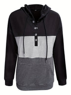 Colour Block Hoodie Women's Button-Neck Drawstring Sweatshirt with Pocket – Casual, Everyday Wear