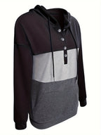 Colour Block Hoodie Women's Button-Neck Drawstring Sweatshirt with Pocket – Casual, Everyday Wear