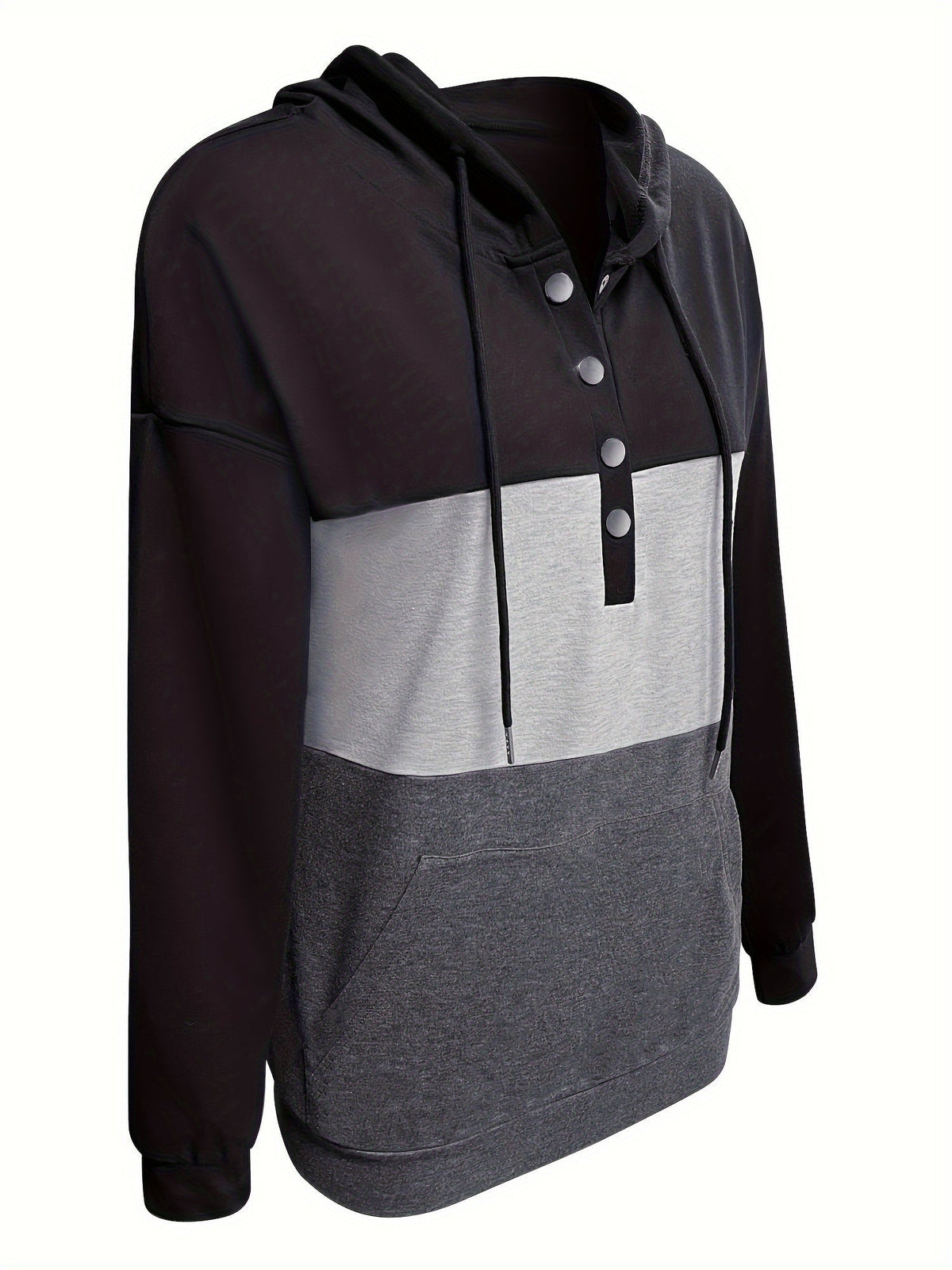 Colour Block Hoodie Women's Button-Neck Drawstring Sweatshirt with Pocket – Casual, Everyday Wear