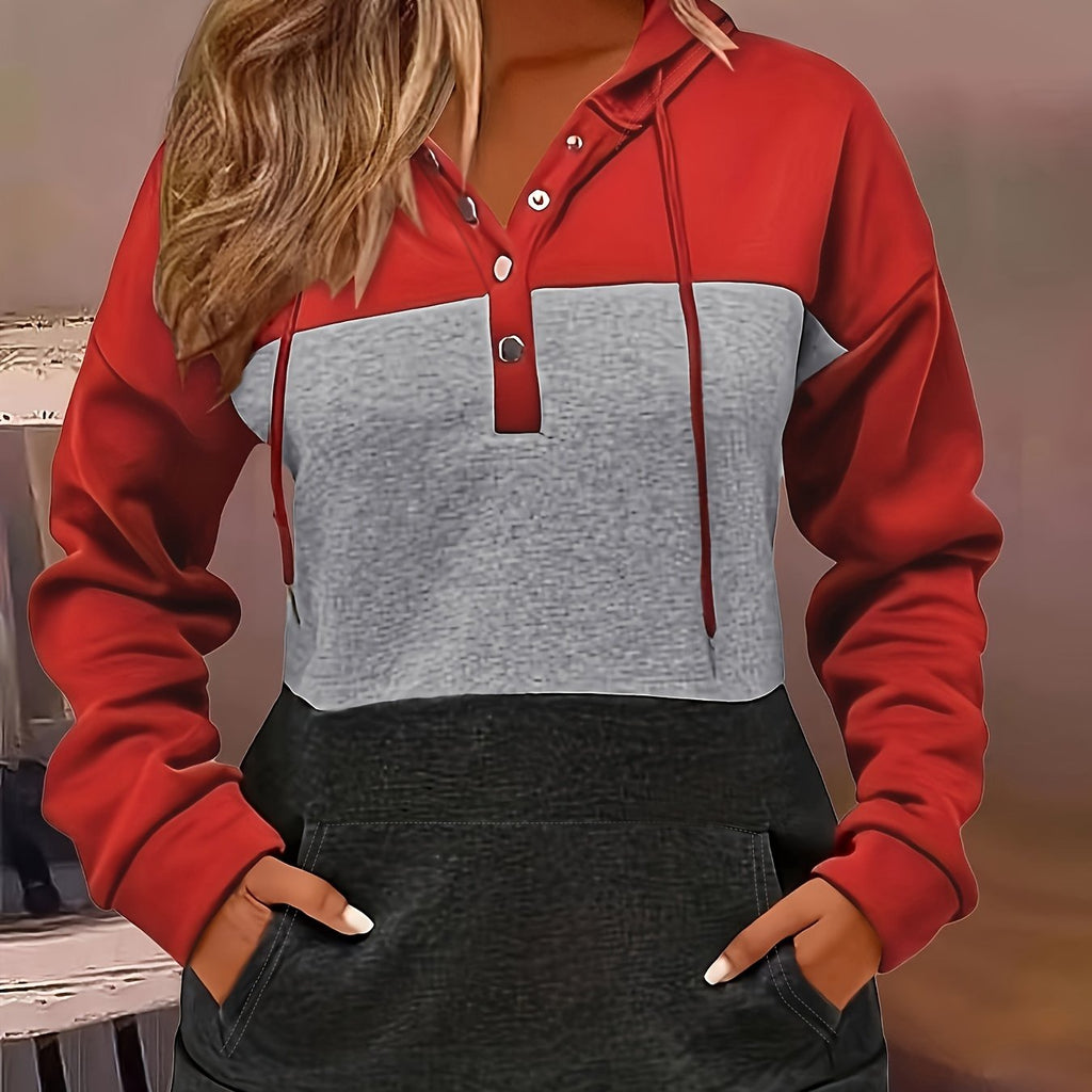 Colour Block Hoodie Women's Button-Neck Drawstring Sweatshirt with Pocket – Casual, Everyday Wear