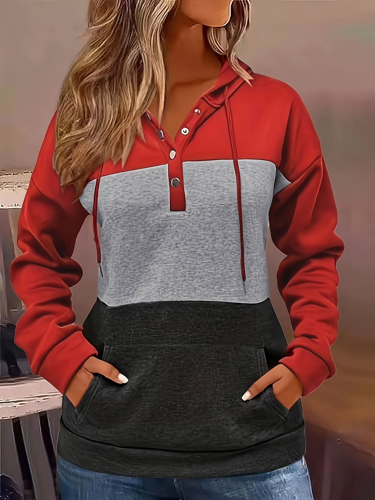 Colour Block Hoodie Women's Button-Neck Drawstring Sweatshirt with Pocket – Casual, Everyday Wear