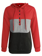Colour Block Hoodie Women's Button-Neck Drawstring Sweatshirt with Pocket – Casual, Everyday Wear