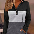 Colour Block Hoodie Women's Button-Neck Drawstring Sweatshirt with Pocket – Casual, Everyday Wear
