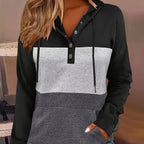 Colour Block Hoodie Women's Button-Neck Drawstring Sweatshirt with Pocket – Casual, Everyday Wear