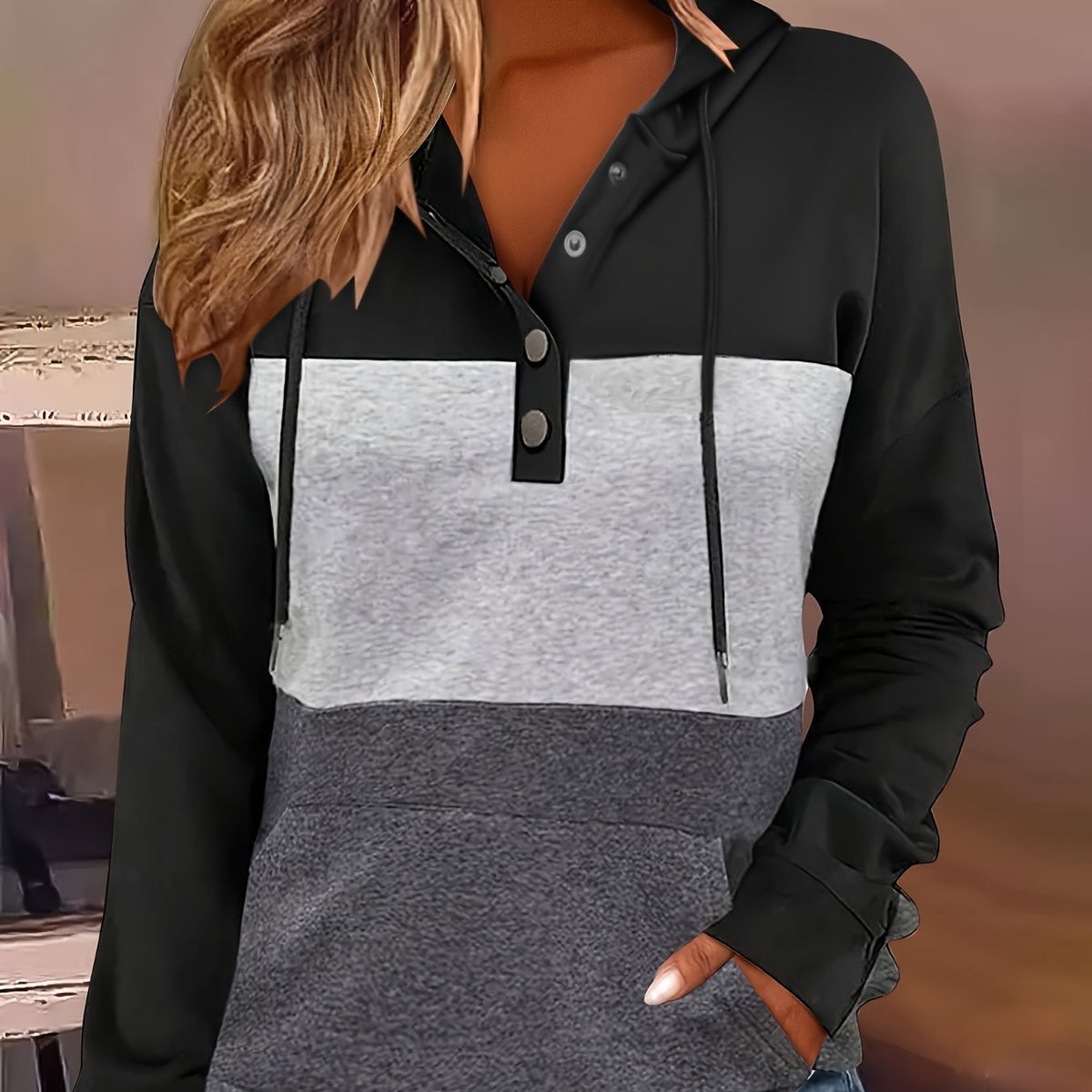 Colour Block Hoodie Women's Button-Neck Drawstring Sweatshirt with Pocket – Casual, Everyday Wear