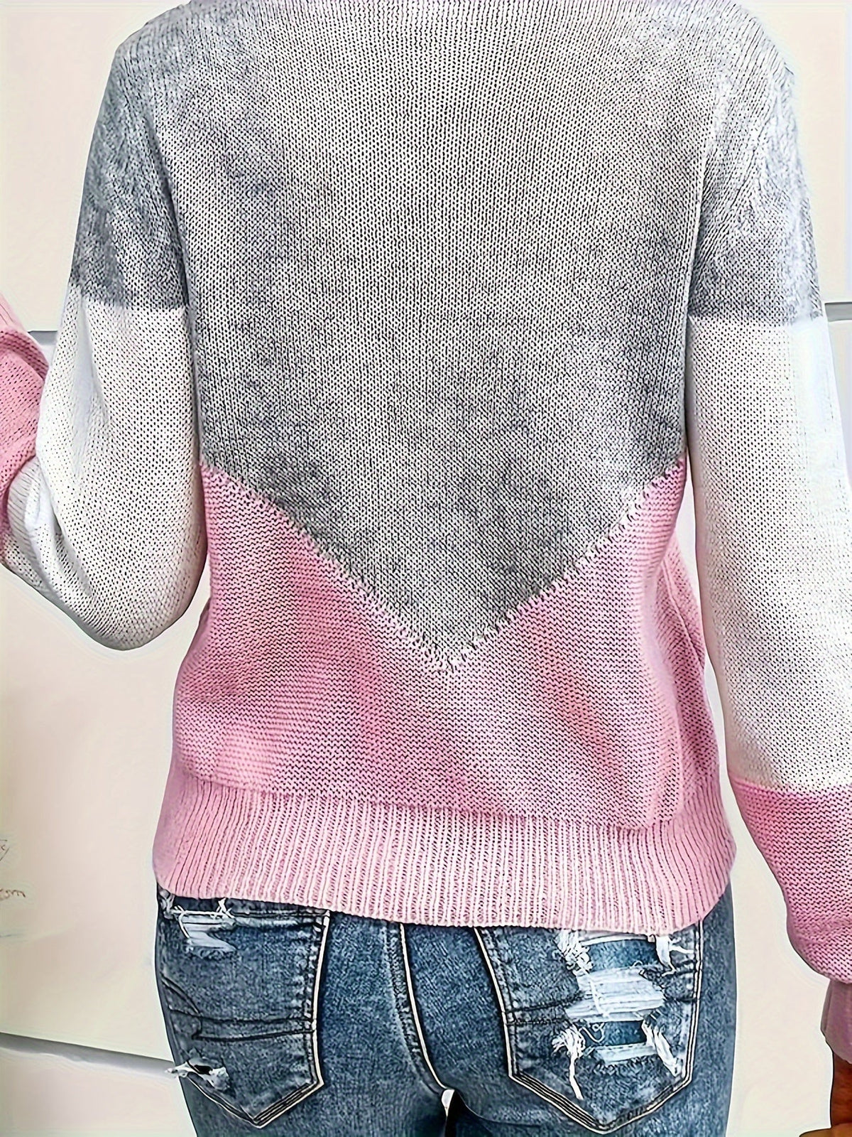 Colourblock Knit Jumper V-Neck Women's Grey Long Sleeve Pullover – Casual, Office, Holiday, Gift