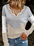 Colourblock Knit Jumper V-Neck Women's Grey Long Sleeve Pullover – Casual, Office, Holiday, Gift