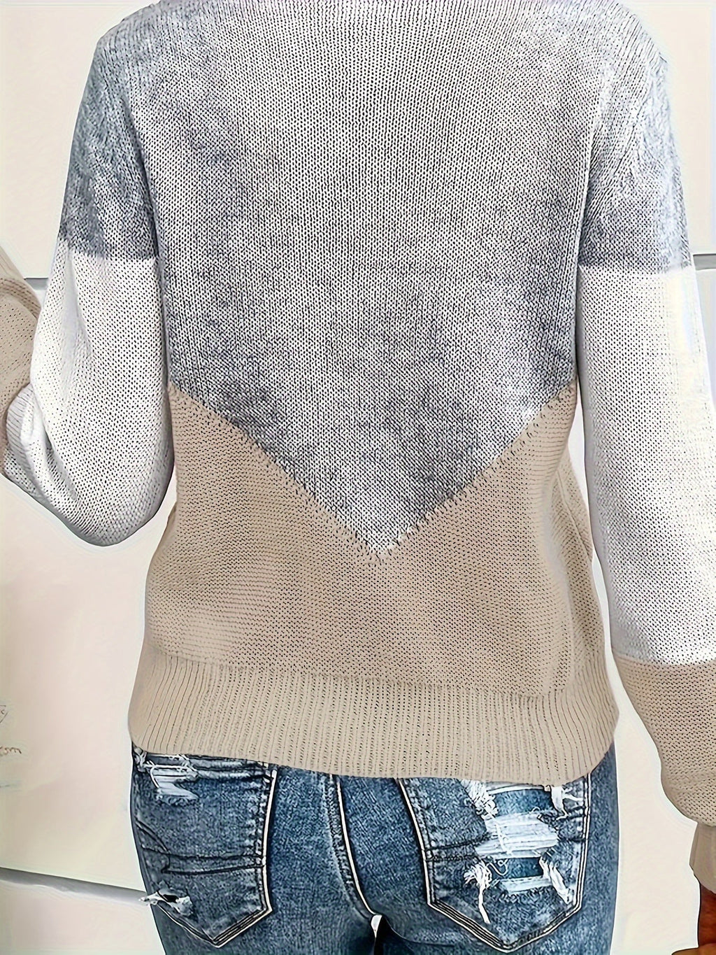 Colourblock Knit Jumper V-Neck Women's Grey Long Sleeve Pullover – Casual, Office, Holiday, Gift