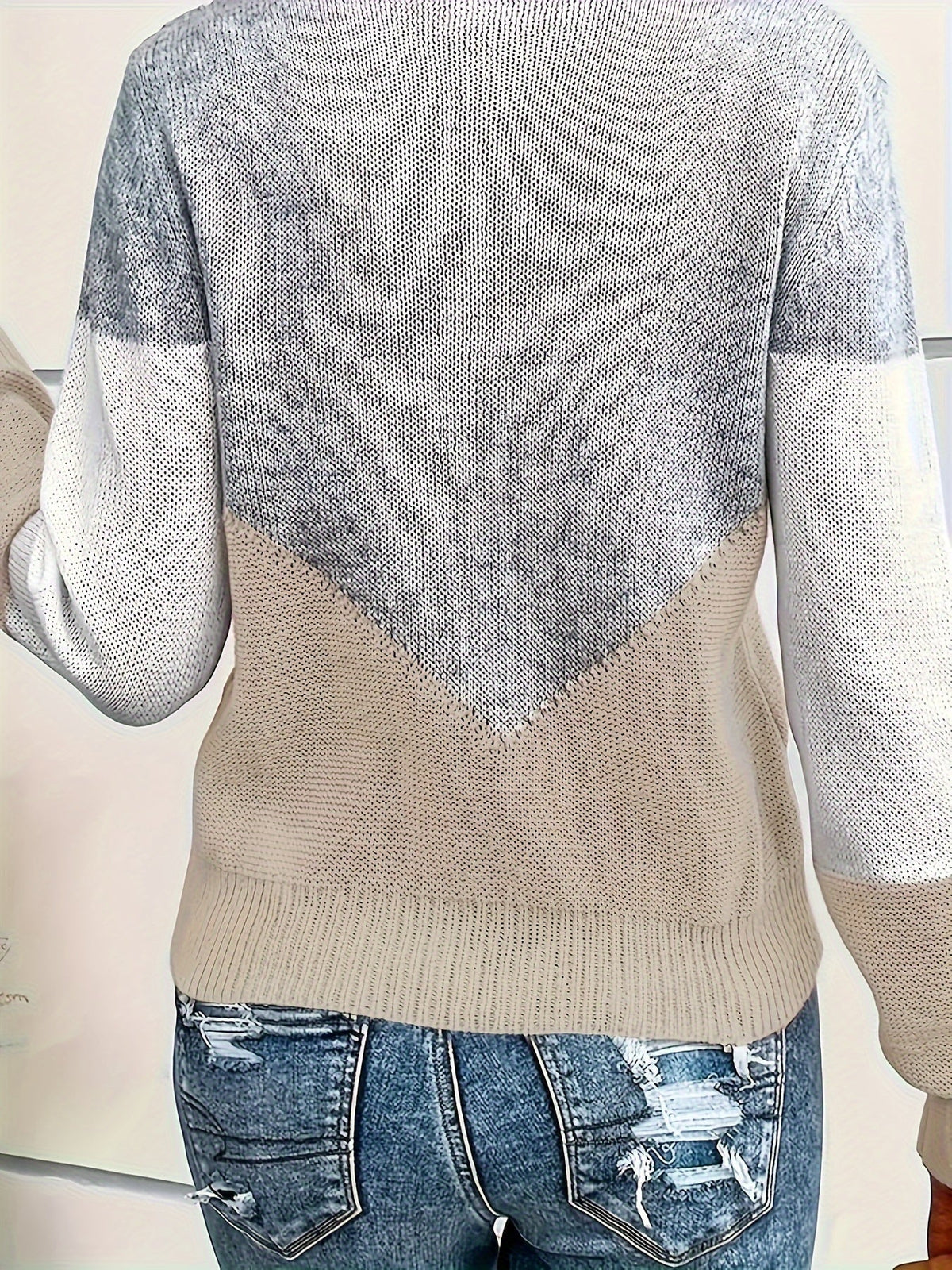 Colourblock Knit Jumper V-Neck Women's Grey Long Sleeve Pullover – Casual, Office, Holiday, Gift