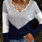 Colourblock Knit Jumper V-Neck Women's Grey Long Sleeve Pullover – Casual, Office, Holiday, Gift