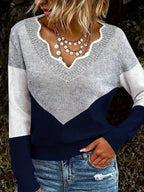 Colourblock Knit Jumper V-Neck Women's Grey Long Sleeve Pullover – Casual, Office, Holiday, Gift
