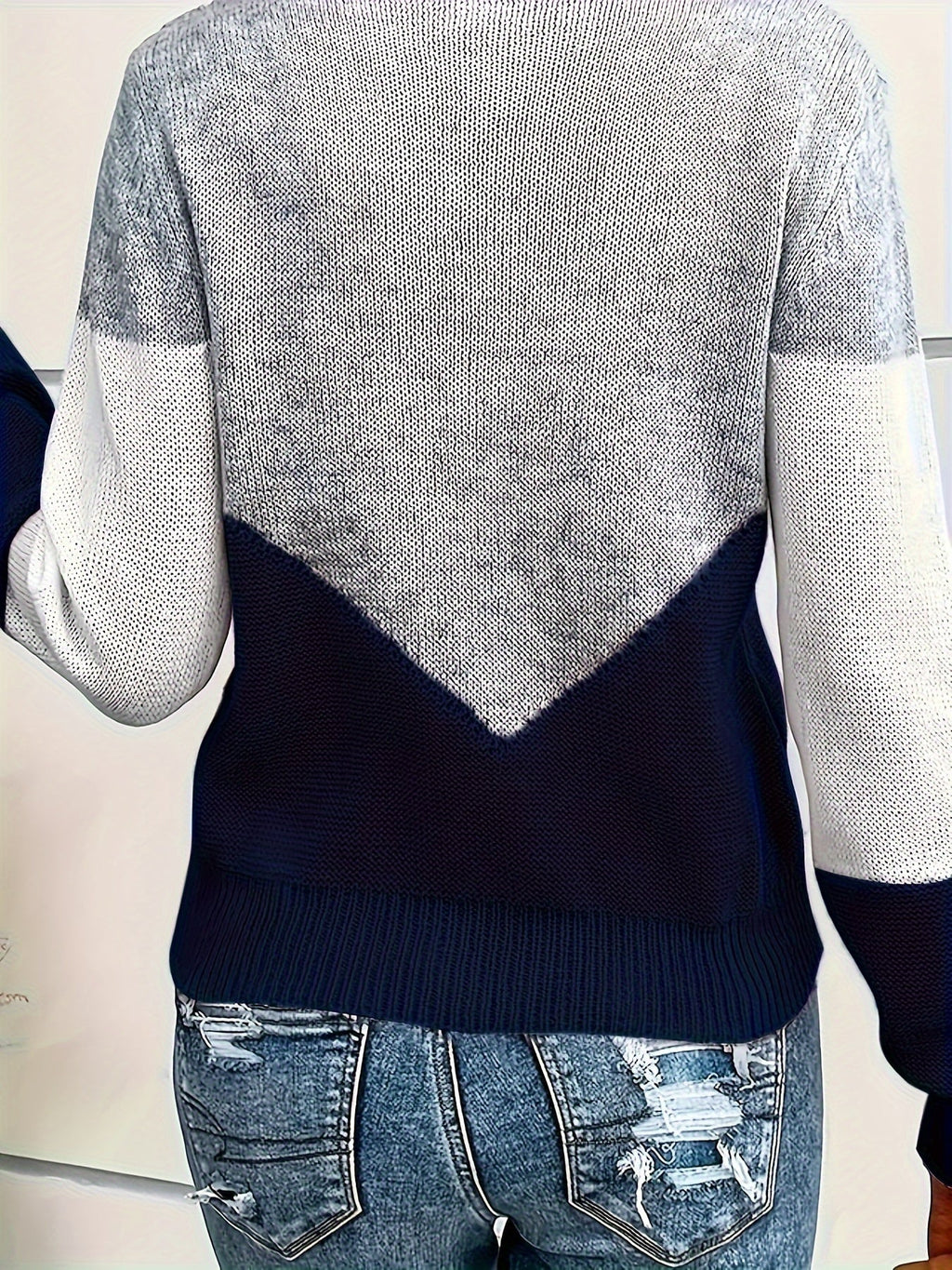 Colourblock Knit Jumper V-Neck Women's Grey Long Sleeve Pullover – Casual, Office, Holiday, Gift