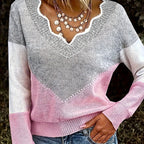 Colourblock Knit Jumper V-Neck Women's Grey Long Sleeve Pullover – Casual, Office, Holiday, Gift