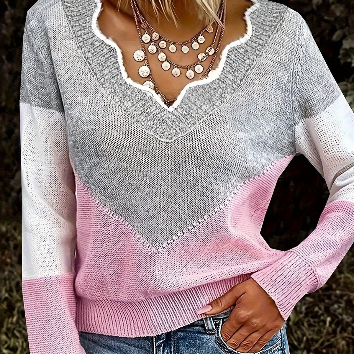 Colourblock Knit Jumper V-Neck Women's Grey Long Sleeve Pullover – Casual, Office, Holiday, Gift