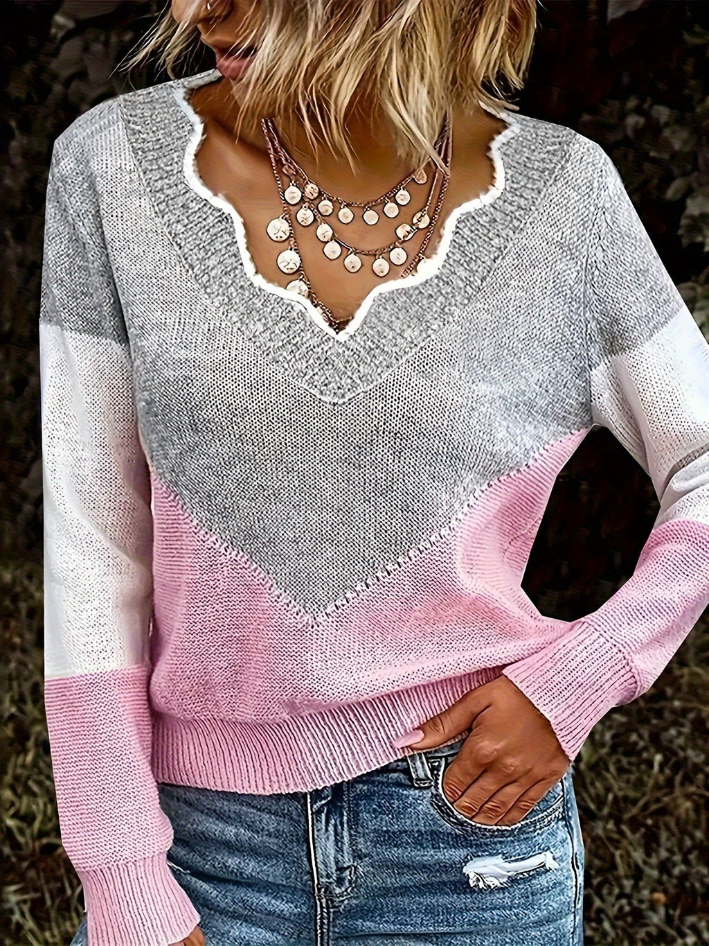 Colourblock Knit Jumper V-Neck Women's Grey Long Sleeve Pullover – Casual, Office, Holiday, Gift