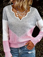 Colourblock Knit Jumper V-Neck Women's Grey Long Sleeve Pullover – Casual, Office, Holiday, Gift