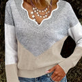 Colourblock Knit Jumper V-Neck Women's Grey Long Sleeve Pullover – Casual, Office, Holiday, Gift