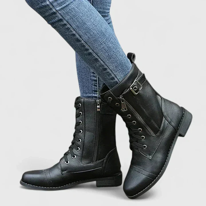 Combat Boots Black Leather Lace-Up Women's Mid-Calf with Side Zip & Buckle – Casual, Office, Holiday, Gift